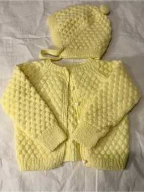 Hand Knit Baby Cardigan and Bonnet Set - Soft Pale Yellow